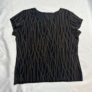 Y2k Black Gold Botanical Vine Print Short Sleeve Scoop Neck Top Blouse Womens L